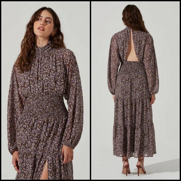 💕ASTR💕 Mock Neck Smocked Waist Maxi Dress ~ Brown & Purple Ditsy Floral M NWT - Picture 2 of 14